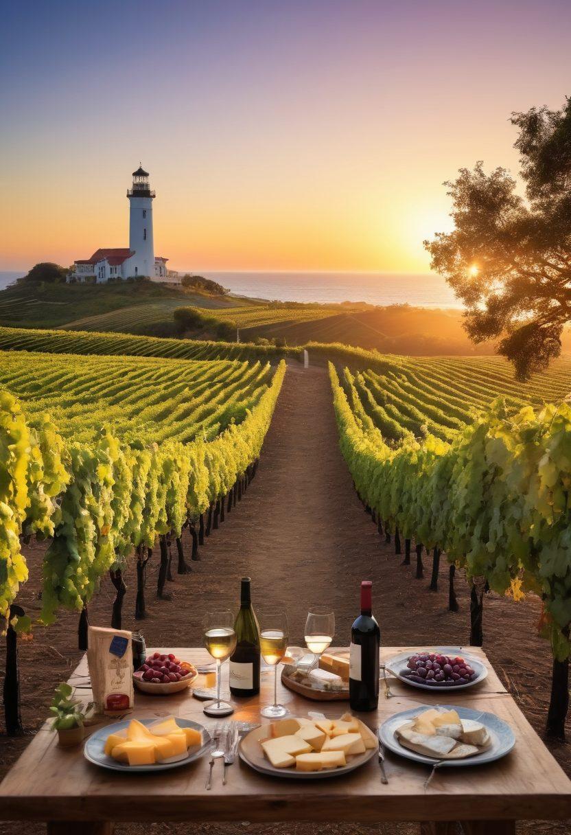 A picturesque coastal vineyard at sunset, with rows of grapevines cascading down towards a sparkling ocean. In the foreground, a rustic wooden table laden with local wine bottles and cheese platters, surrounded by people enjoying a tasting experience. Distant hills and a lighthouse silhouette add to the charm, while the sky is painted in warm hues. super-realistic. vibrant colors. 3D.