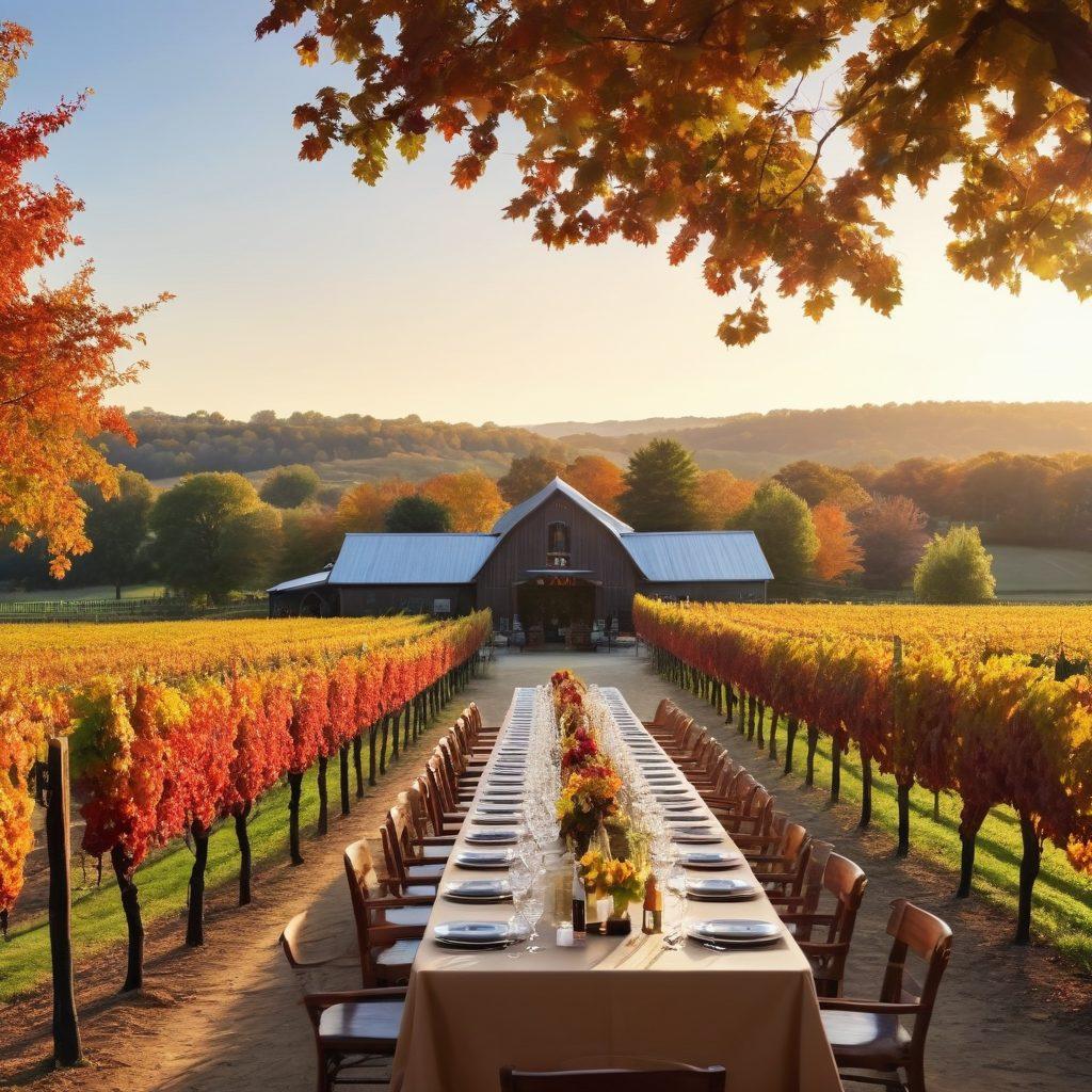 A breathtaking vineyard landscape at sunset, featuring rows of lush grapevines, a rustic wine tasting barn with elegant outdoor seating, and a diverse group of people enjoying wine tastings. Include glasses of red and white wine with cheese platters on tables, and vibrant autumn foliage in the background. Capture the warmth and convivial atmosphere of East Coast wine culture. super-realistic. vibrant colors.