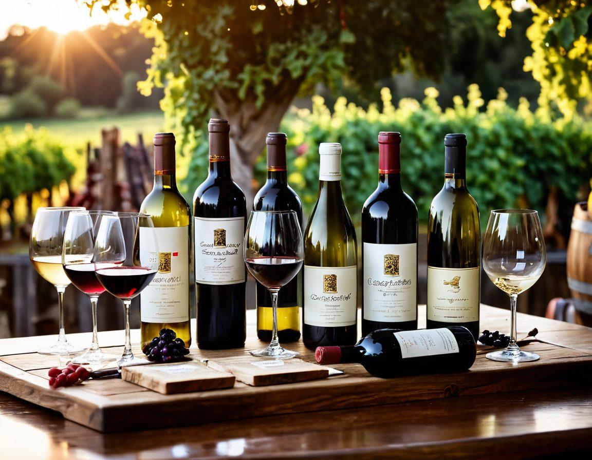 A beautifully arranged wooden table showcasing an array of local wines with distinct labels, glistening glasses filled with rich red and crisp white wines. In the background, a sommelier is elegantly explaining wine tasting techniques, surrounded by lush grapevines and barrels. The scene captures the warmth of a cozy vineyard during sunset with soft golden light illuminating the details. vintage style. warm colors. enchanting ambiance.